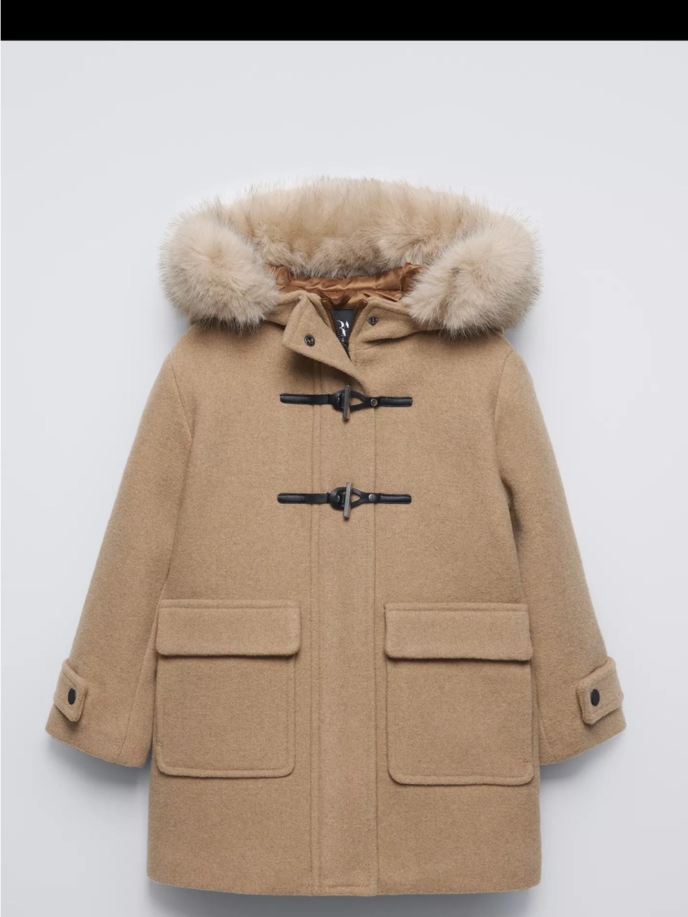 Zara Kids Tan Pea Coat with Faux-Fur Hood Trim